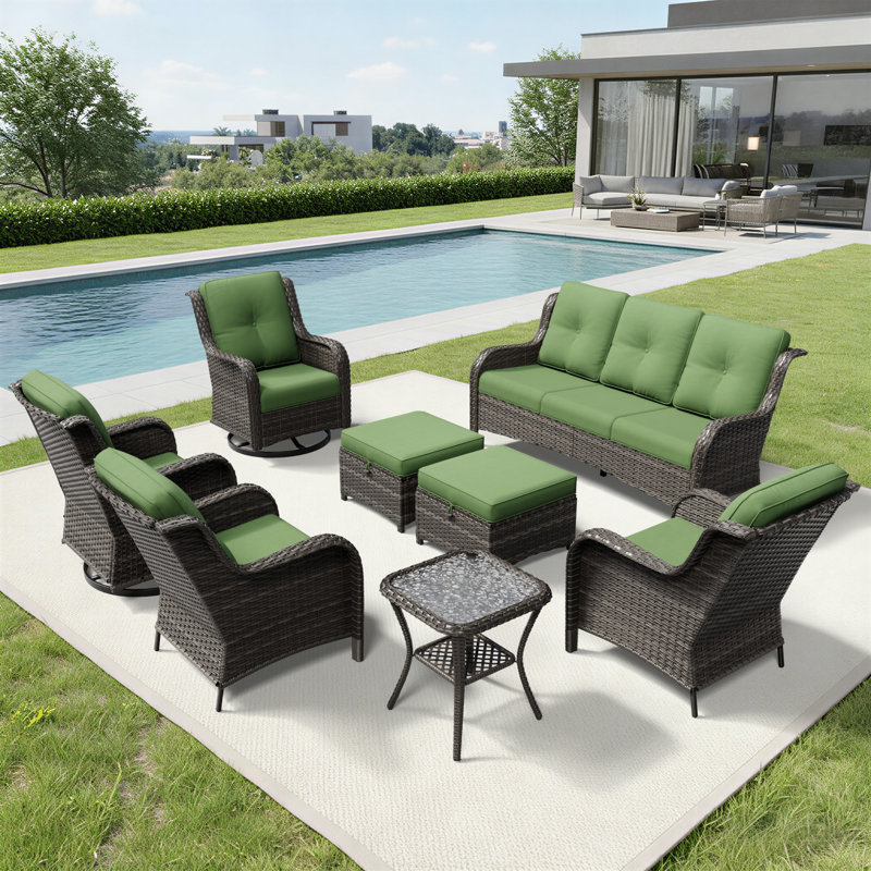 Ensemble de conversation en osier pour 7 personnes avec chaises pivotantes, ensemble de conversation en rotin toutes saisons avec coussins Holoman