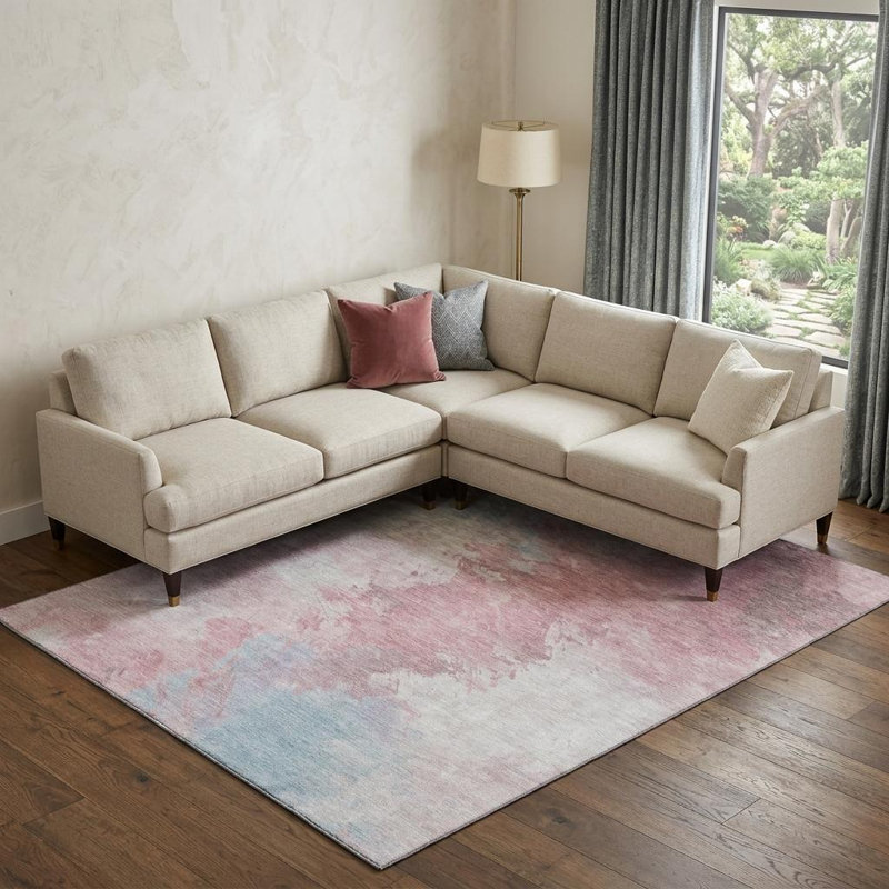 Tapis bleu rosé et ivoire lavable abstrait 9 pi x 12 pi avec protection UV