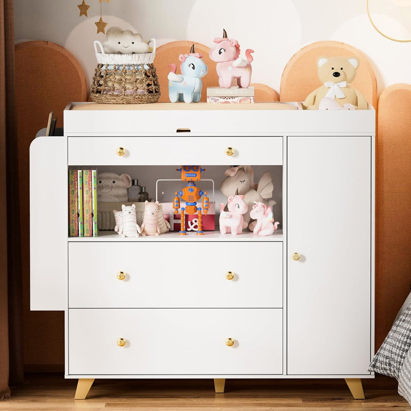 Commode de table à langer moderne avec 3 tiroirs et plateau blanc, facile à assembler, meuble-lavabo à 12 tiroirs de 54 po, tablettes ouvertes pour l'organisation de la chambre à coucher, utilisation à long terme, luminosité