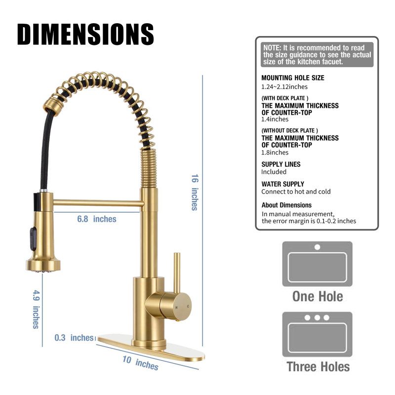 Single Handle Pull-Down Spray Kitchen Faucet - Dual Mode Setting, 1 Or 3 Hole Kitchen Sink Faucet., Brushed Gold
