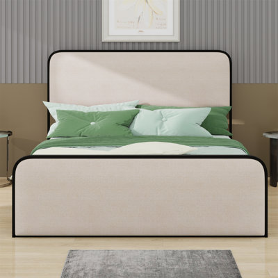 Structure de lit moderne en métal avec tête de lit et pied de lit rembourrés courbés avec rangement sous le lit