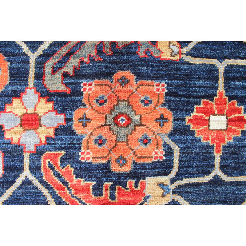 Tapis rouille / bleu marine noué à la main de conception unique de 3 pi 5 po x 4 pi 11 po One-of-a-Kind