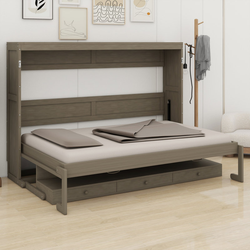 Lit escamotable mural avec rangement, armoire-lit pliable avec bureau, miroir central et tiroirs latéraux, Gris patiné