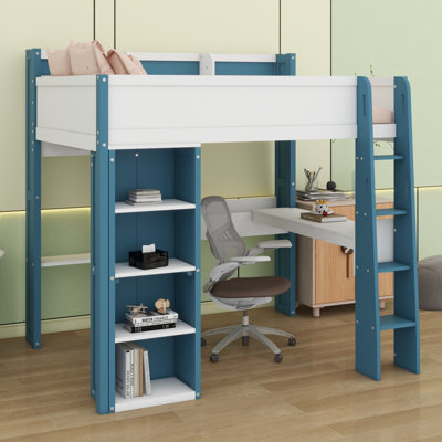 Wood Loft Bed With Storage Shelves, Clothes Rails And Desk