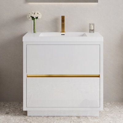 Meuble-lavabo sur pied 36 po avec lavabo, meuble-lavabo avec comptoir en résine de pierre et tiroirs à fermeture en douceur 36 po