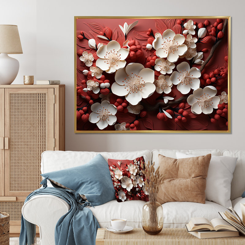 Orchidées blanches et rouges IV - Art mural floral abstrait, Cadre flottant doré, H 34 po x l 44 po x P 1,5 po