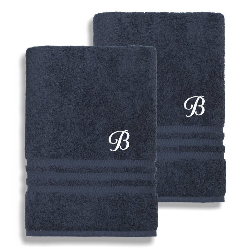 Denzi Monogrammed 2 Piece 1 Turkish Cotton Bath Sheet Towel Set, R, Twilight Blue