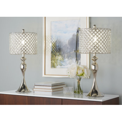 Lampe de table en métal, 12 po x 12 po x 27,25 po, cristal, ensemble de 2, argent, accents de cristal, interrupteur à 3 voies