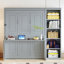 Lit double gris avec bureau et bibliothèque, structure en bois de pin de haute qualité, pliable peu encombrant, rangement spacieux pour l'organisation, différents articles supportés par des lattes,-130155509