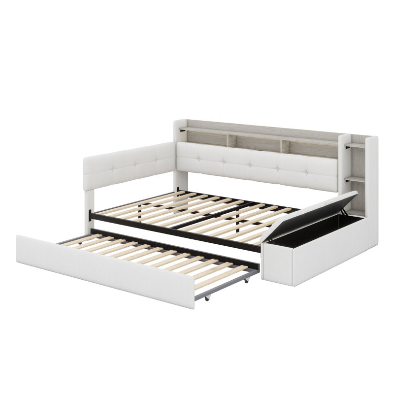 Daybed with Storage Footstool & Shelves, Upholstered Frame with Trundle, USB & LED Light, Beige