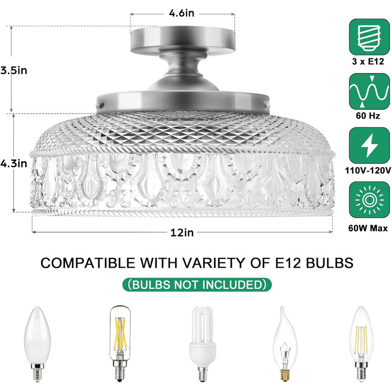 Large Silver Globe Glass Semi Flush Mount Ceiling Light
