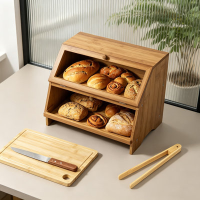 Boîte à pain en bambou double couche pour comptoir de cuisine, contenant de rangement à 2 niveaux de grande capacité avec fenêtres transparentes, planche à découper et couteau à pain en acier inoxydable inclus