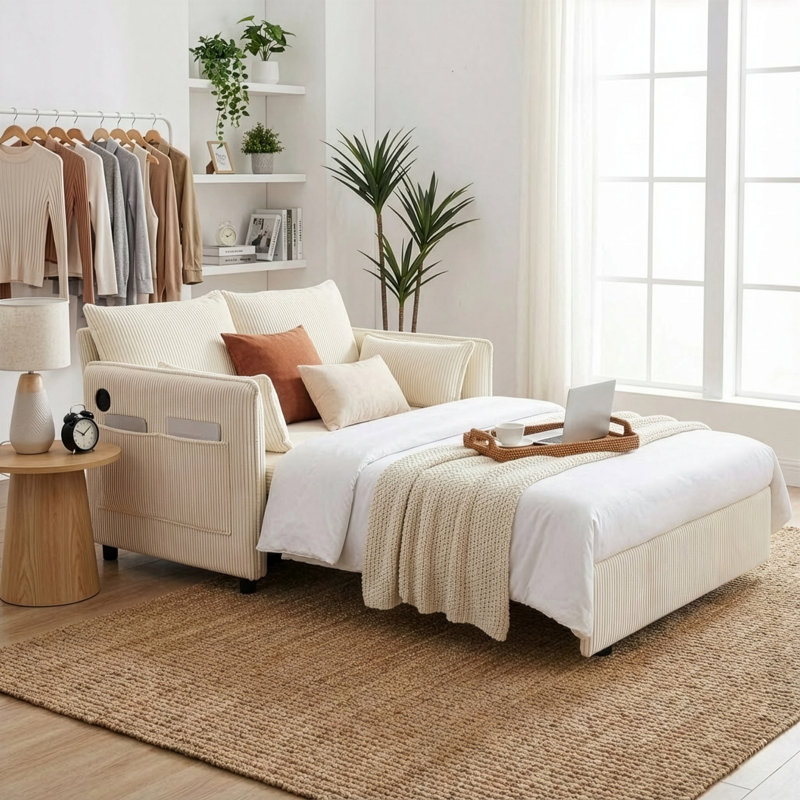 Canapé-lit convertible double, canapé-lit escamotable de 55,38 po, Beige