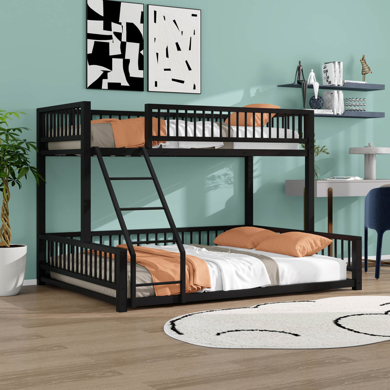 Twin XL Over Queen Floor Bunk Bed, Metal Bunk Bed Frame With Ladder & Guardrails, Detachable Bunk Beds For Kids, Black