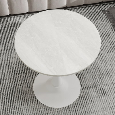 27.6-inch white coffee table, mid-century modern style dining table, suitable for 2-4 people, featuring a round white-veined marble tabletop, perfect for various settings.