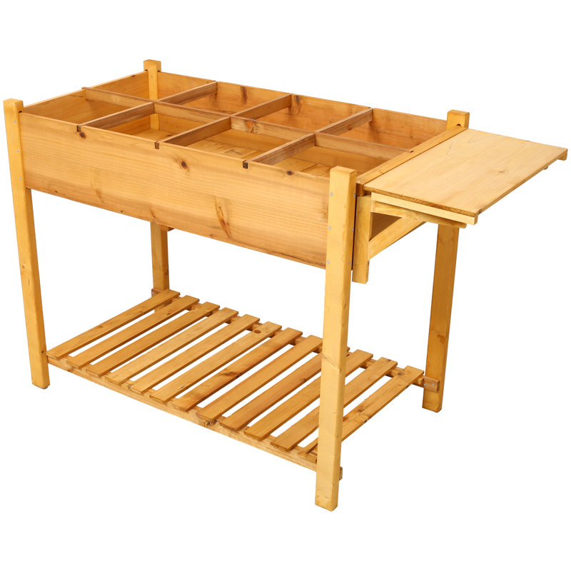 Support de jardinière surélevée en bois avec jardinière surélevée 8 poches avec table d'appoint pliable et tablette de rangement pour herbes / légumes / fleurs