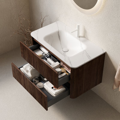 Meuble-lavabo de 36 po, lavabo en pierre frittée blanche, armoire en contreplaqué flottant avec 2 tiroirs, finition rayée noyer rétro, rangement de meuble-lavabo coulissant à glissières, installation facile