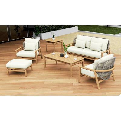 Teakstation 6 Pc Teak Wood Sofa Set: Sofa, 2 Lounge Chairs, Ottoman, Coffee Table & Side Table With Cushions In Outdoor Sunbrella Fabric #5404 Canvas Natural