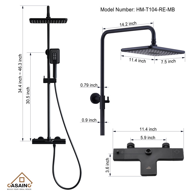 Système de douche thermostatique à 2 fonctions avec douche à main à 3 réglages et valve brute, Noir mat
