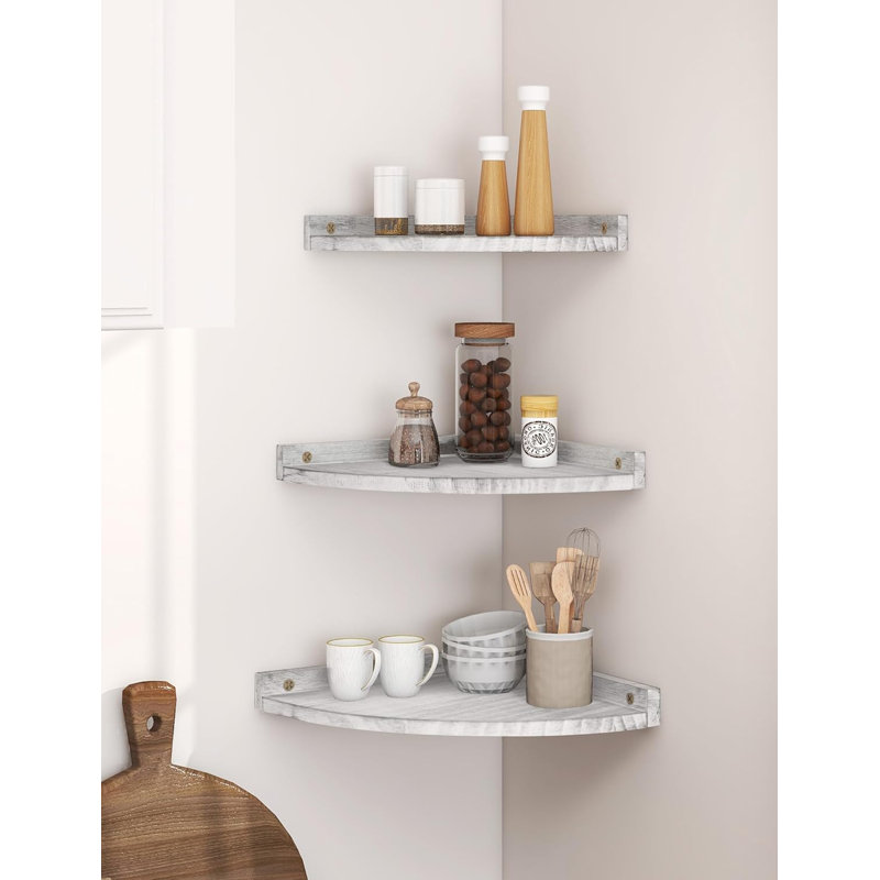 Ensemble de 3 tablettes d'angle flottantes en bois de pin blanc vieilli - Rangement mural rustique pour salle de bain et cuisine