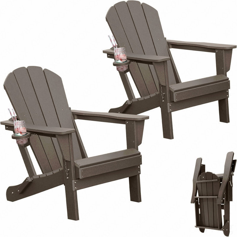 Chairs Set Of 2, Plastic Chair, Chairs, Hdpe Chair, Folding Chairs, Outdoor Chairs With Cup Holder For Lawn Patio Deck Fire Pit -Brown