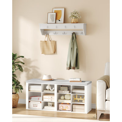 Shoe Storage with Seat and Coat Hooks, Shoe Bench with 12 Open Compartments and Wall Rack, Coat Rack with 9 Hooks, Adjustable Shelves for Hallway, Living Room, Bedroom, White 
