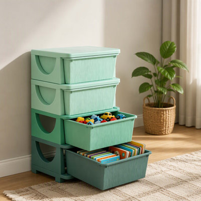 Contemporary Multi‑Level Toy Storage Tower With Vertical Layout And Pull‑Out Drawers, Kid‑Safe Organizer Furniture That Reduces Floor Space Occupancy Within Playrooms