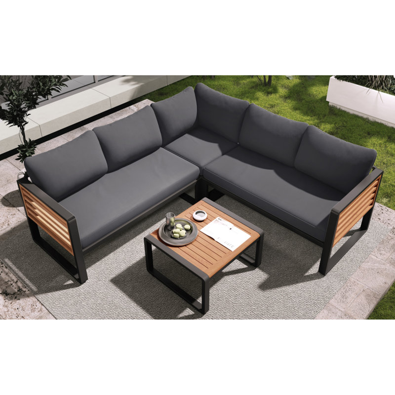 Ensemble d'extérieur en forme de L pour le confort, bois d'acacia et métal, design moderne pour les jardins et les terrasses