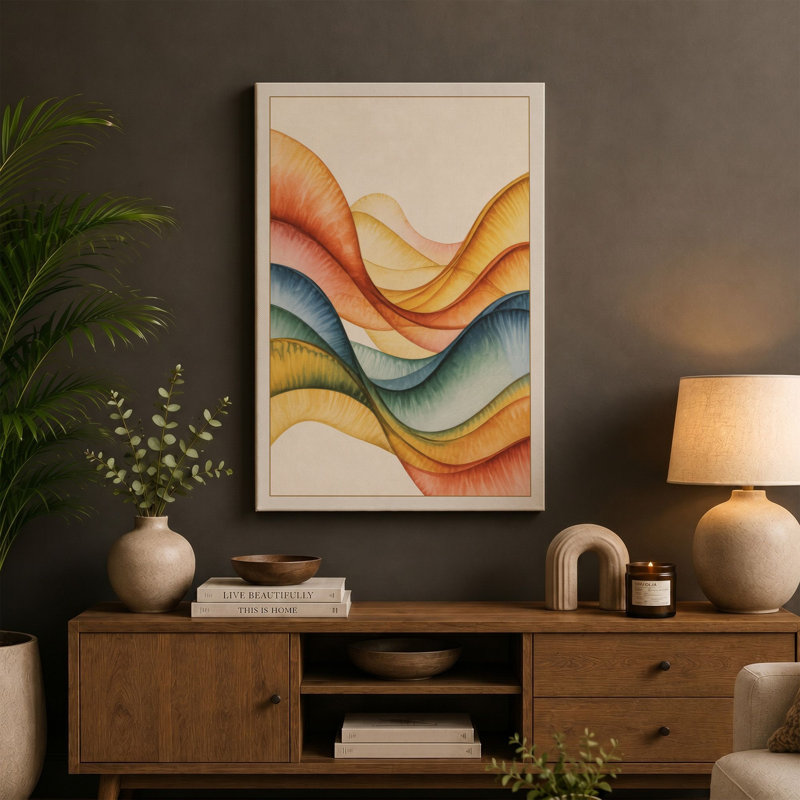 Flowing Ribbon Waves Abstract 1 Piece Wrapped Canvas Wall Art, 30x20 - 76.2 x 50.8 cm, Teal Border