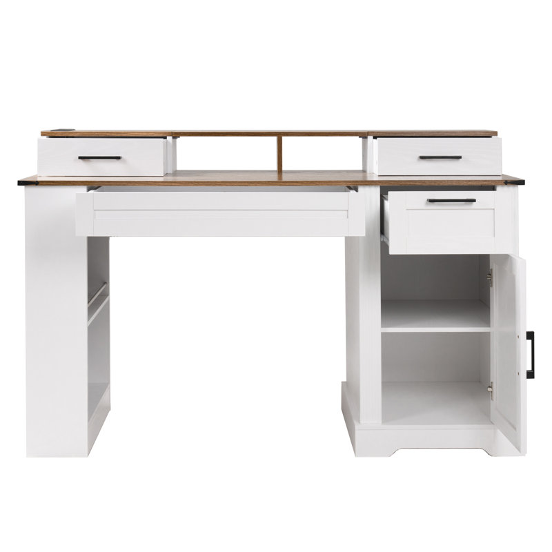 Farmhouse Office Desk With Storage Cabinet, Charging Station, Barn Door Design, Keyboard Tray, Monitor Stand And Pegboard