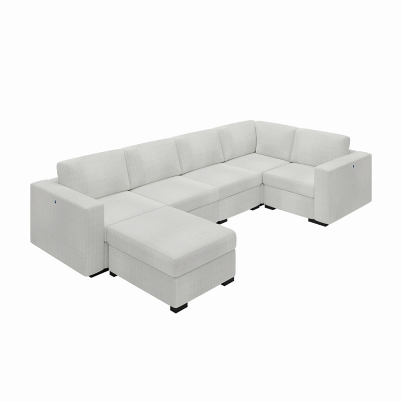 Canapé modulaire en forme de U de 127 po avec repose-pieds blanc - ports USB / Type-C, aménagement convertible, mousse haute densité et structure en bois massif