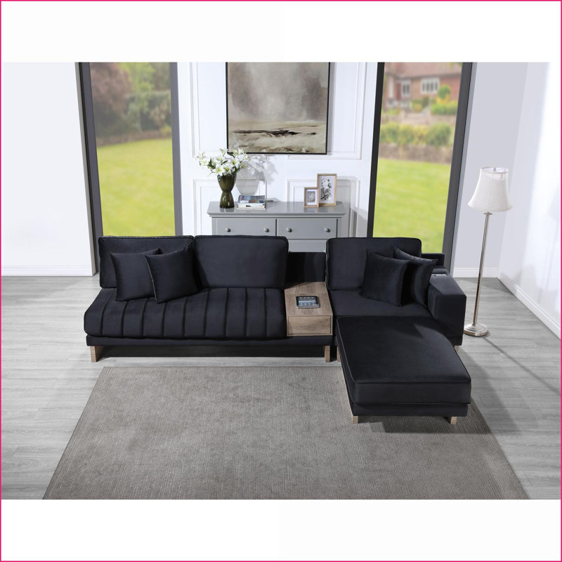 Sectional Sofa 122.5"W Reversible with Storage Ottoman, USB/Charging Ports | Black | Velvet