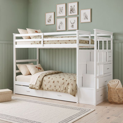 Wood Bunk Bed with Storage Staircase and 6 Drawer