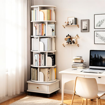 Bibliothèque 360 ° rotative à 6 niveaux avec roulettes, tiroir et base stable, espace, blanc chaud pour le bureau, la maison, la chambre à coucher - rangement facile à assembler, salon, chambre à coucher, bureau, design multifonctionnel