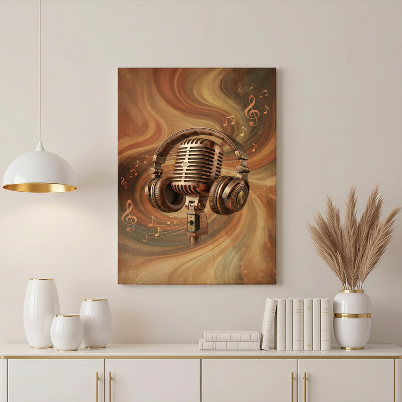 Ensemble de 1 tableau sur toile représentant un microphone et un casque vintage avec des notes de musique, H 36 po x l 24 po