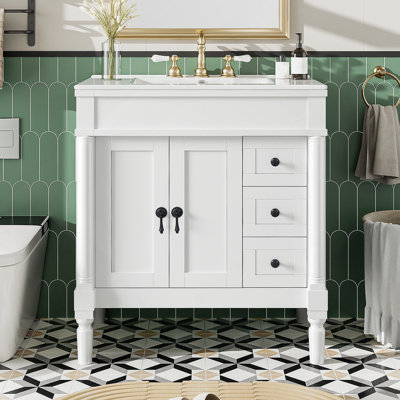Meuble-lavabo moderne de 30 pouces, structure en bois massif et panneau de fibres à densité moyenne, 2 portes et 3 tiroirs, conception à fermeture en douceur, tablette ajustable en forme de U, lavabo en céramique, ensemble d'armoires de rangement pour salle de bain, conception moderne et élégante