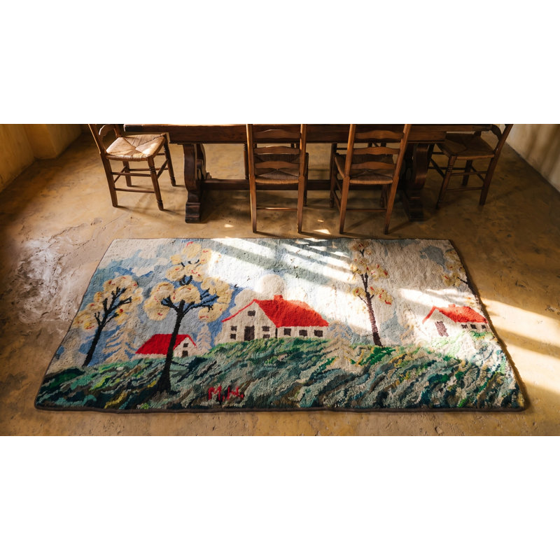 Antique American Scenic Folk Art Farm Cabin Design Hooked Rug
