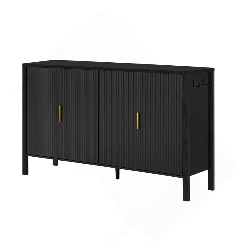 Sideboard U_Style Modern 57.5" Stripe Door Storage Cabinet, 4-Door With Back-Of-Door Storage Racks & Side Hooks, Adjustable Shelves, Mdf Cabinet With Aluminum Handles For Living Room, Dining Room