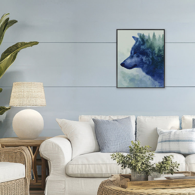 Indigo loup dans des pins brumeux, estampe numérique, design par Franklyn Gregory, 20 x 16, Midnight Black Giclee Framed