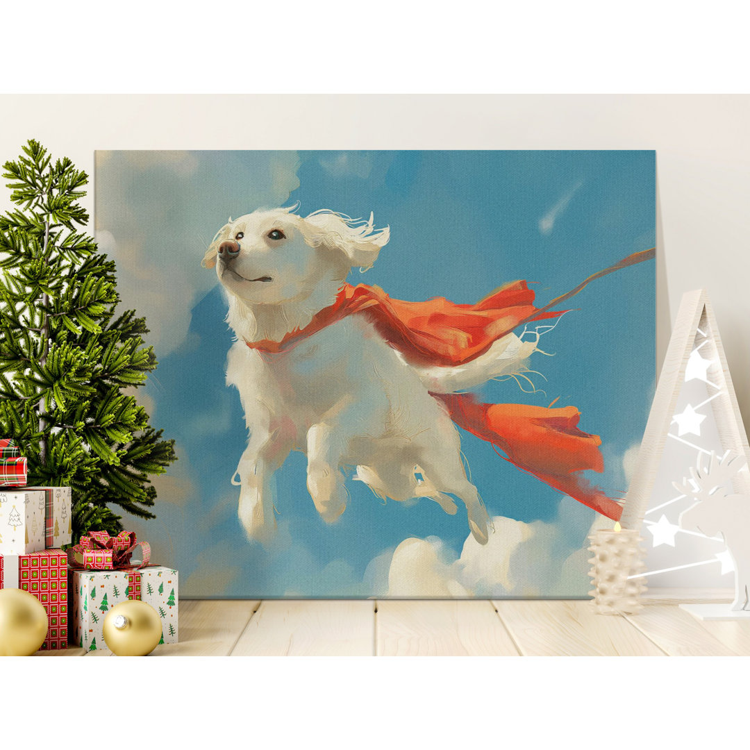 Whimsical Flying Super Dog Canvas Wall Art, Cute Golden Retriever Puppy Painting, Pet Lover Gift, Kids Room Decor Canvas Print