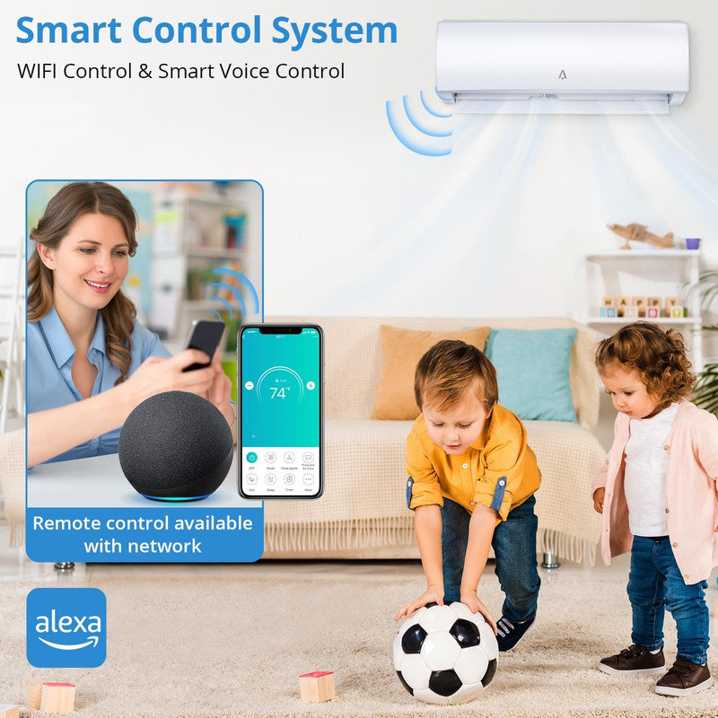 Mini climatiseur à deux blocs sans conduit de 9 000 BTU et chauffage avec onduleur 19 SEER2 - AC intelligent WiFi 115V avec réfrigérant R454B - Comprend une trousse d'installation complète - Couverture de 450 pieds carrés - Blanc