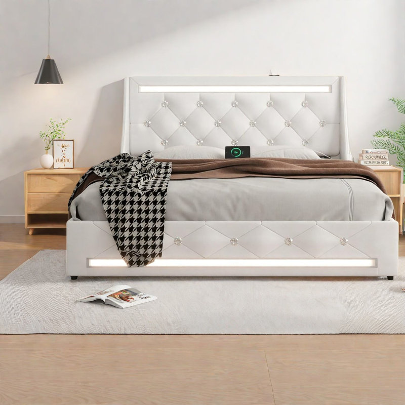Lit moderne blanc avec rangement, structure en métal et lumières à DEL pour la maison