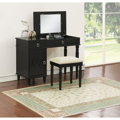 Bedroom Vanity Set w Stool Open Up Mirror Storage Space Drawers Rubber wood Ring Pull Handles Vanity