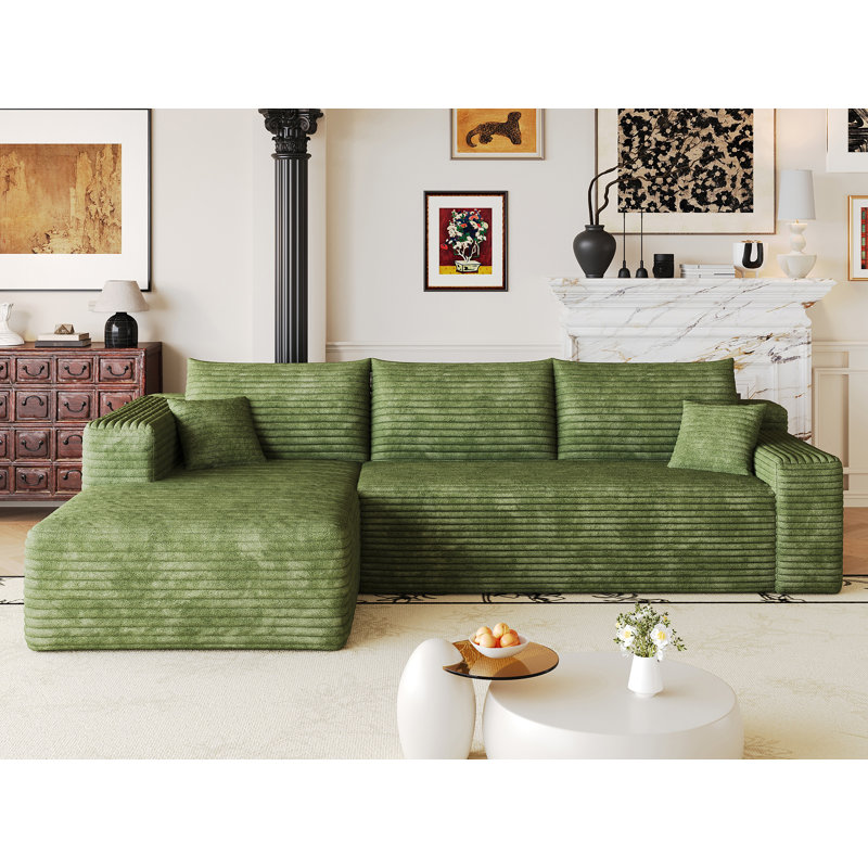 Canapé modulaire en forme de L de 103 po en velours côtelé pelucheux, aucun assemblage requis, Green Corduroy