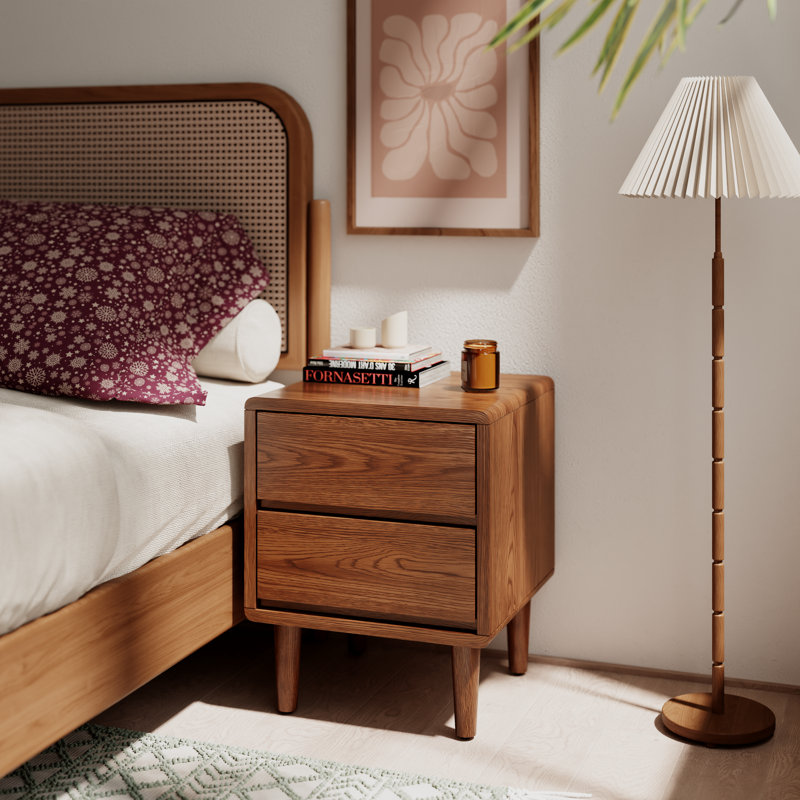 Solid Wood Mid-Century Modern Nightstand, Brown, 19.7" H