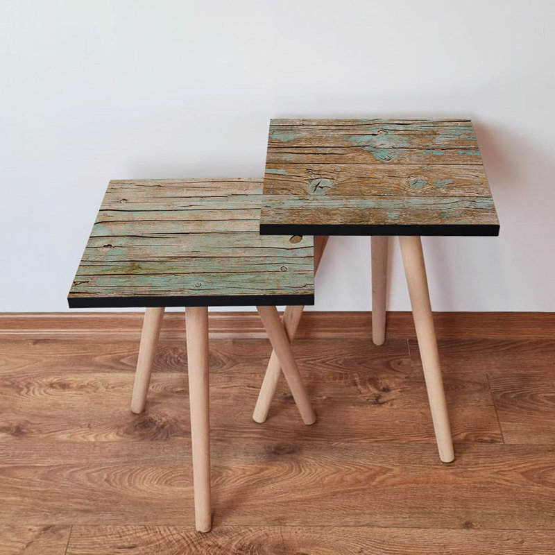 Modern Nesting Table Set (2 Pieces), Green & Brown, 13.8 x 18.5 x 13.8 inches | 100% MDF with Beech Wood Legs, Thickness: 0.7 inches | Stylish Rustic Design for Living Room & Home Decor, Space-Saving Functionality