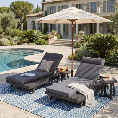 Ensemble de chaises longues avec repose-tête réglable, bois d'acacia noir, coussins résistants à l'eau pour un confort et un style extérieurs