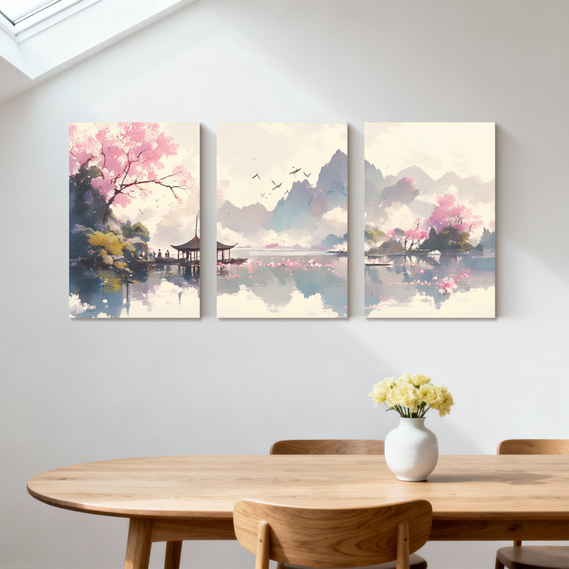 Paysage et nature Cherry Blossom Lake Pavilion Mountains, oiseaux, scène de printemps, ensemble de 3 impressions sur toile