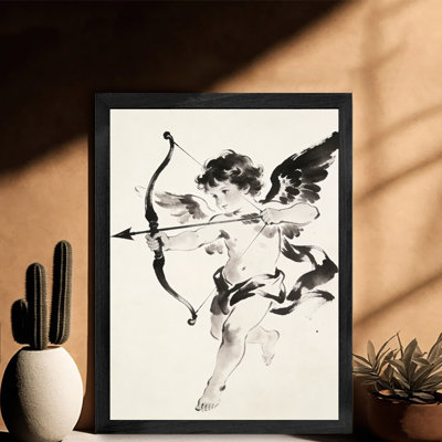 Black Framed Ink painting Cupid holding a bow and arrow Wall Art Valentine's Day theme Framed Prints