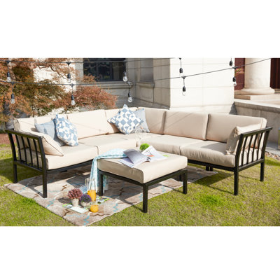 Overton L-Shaped Powder Coated Steel Patio Sectional Set with Cushions